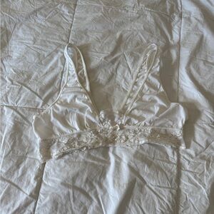 Vtg Henson Kickernick 4144 White Lace Bralette Size L - 70s Nylon Deep V Boho